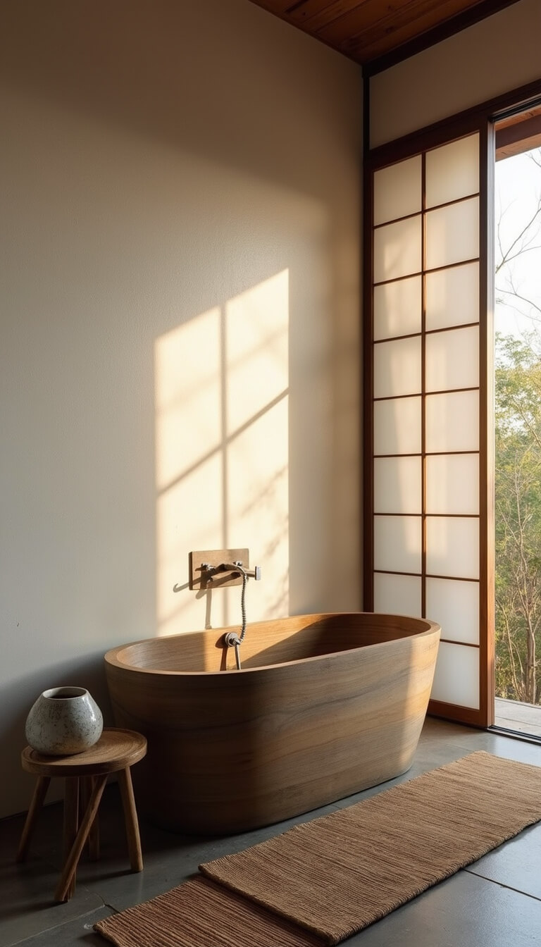 Zen-inspired bathroom at dusk with silver-gray wooden soaking tub, warm white plastered walls, bamboo mat, crackle-glaze ceramic stool, and rice paper screens filtering soft light.