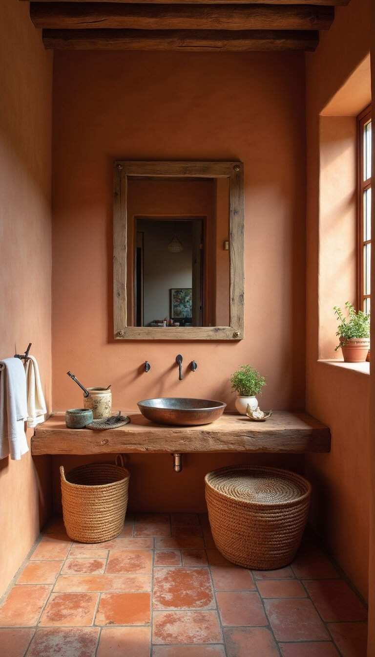 Rustic 9x12ft bathroom with terracotta tile floor, vintage copper sink, wooden towel bar, putty-toned clay walls, and woven baskets in afternoon sunlight.