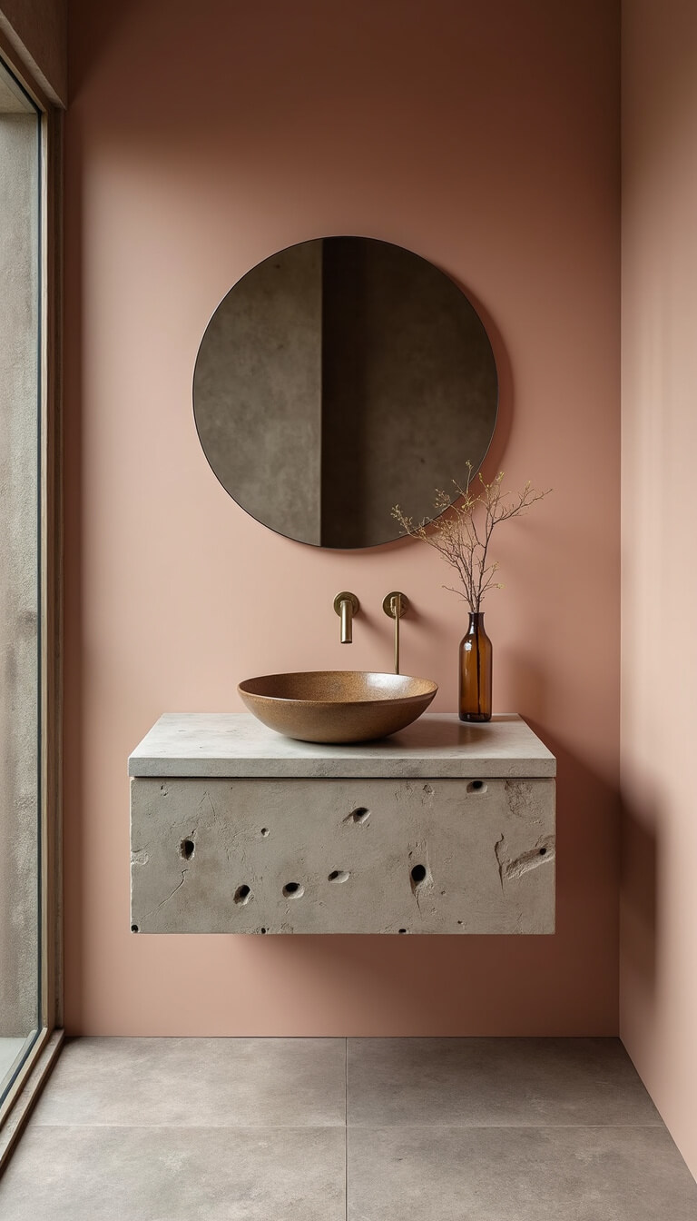 High-angle view of a contemporary 12x12ft bathroom with pale clay tadelakt walls, rough stone flooring, a textured concrete vanity, handblown glass vessel sink, and naturally patinated brass fixtures.