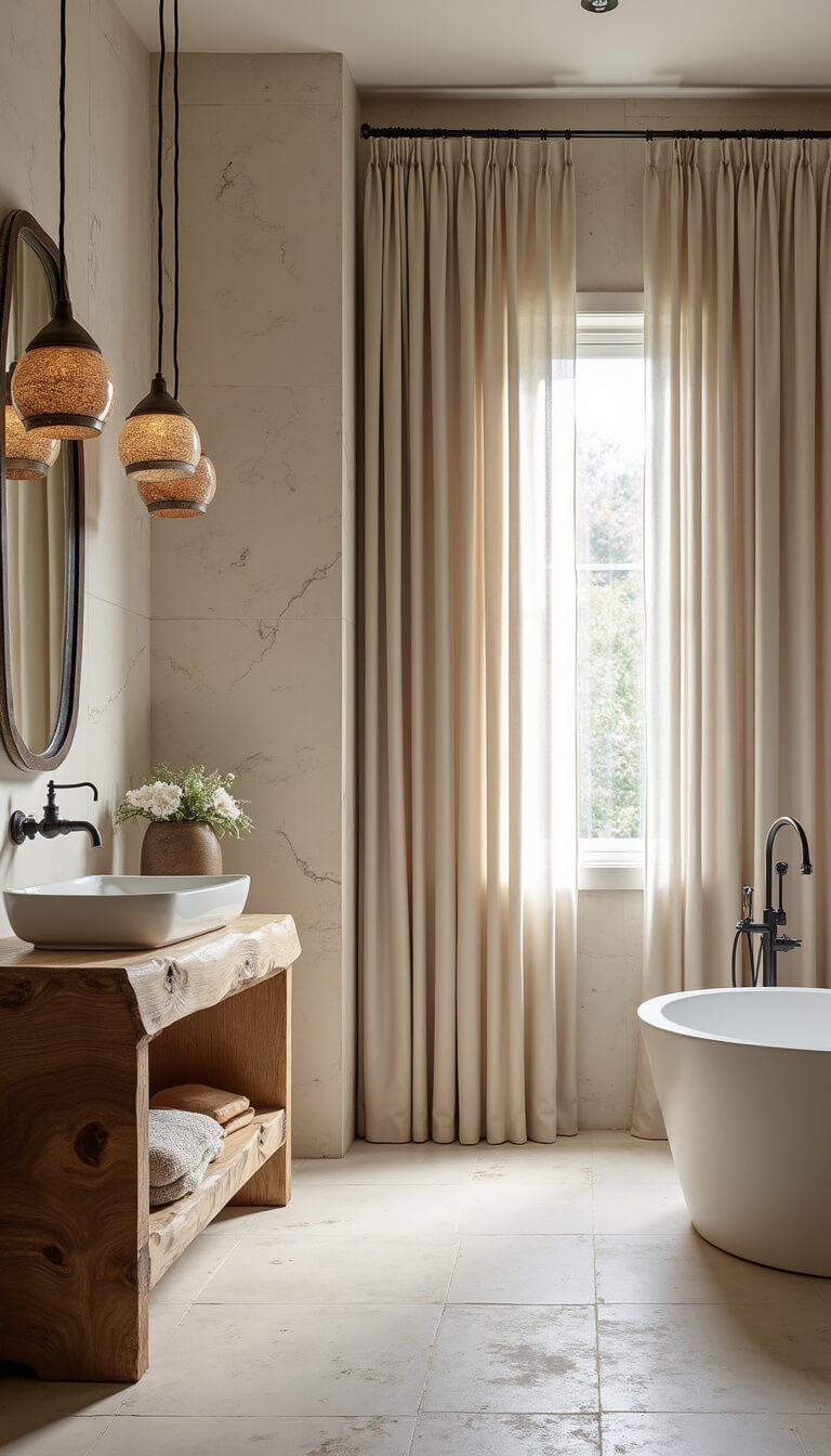 Elegant 11x15ft bathroom with limestone fossil walls, custom oak vanity, rusted iron fixtures, ecru silk curtains, and ceramic pendant lights.