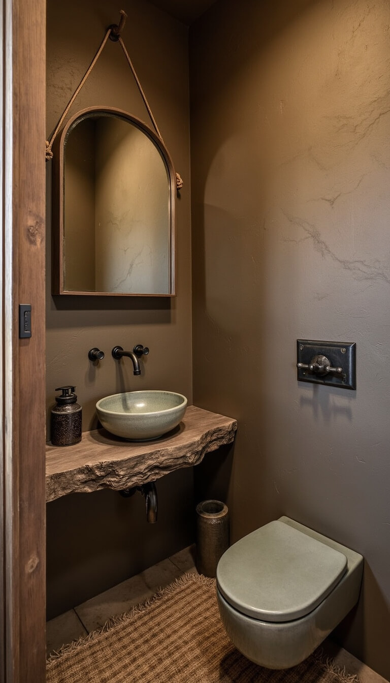 Close-up of a cozy 8x9ft powder room at twilight with warm mushroom-toned plaster walls, storm-weathered driftwood floating shelf, hand-thrown ceramic basin, verdigris brass faucet, and worn woven jute rug.
