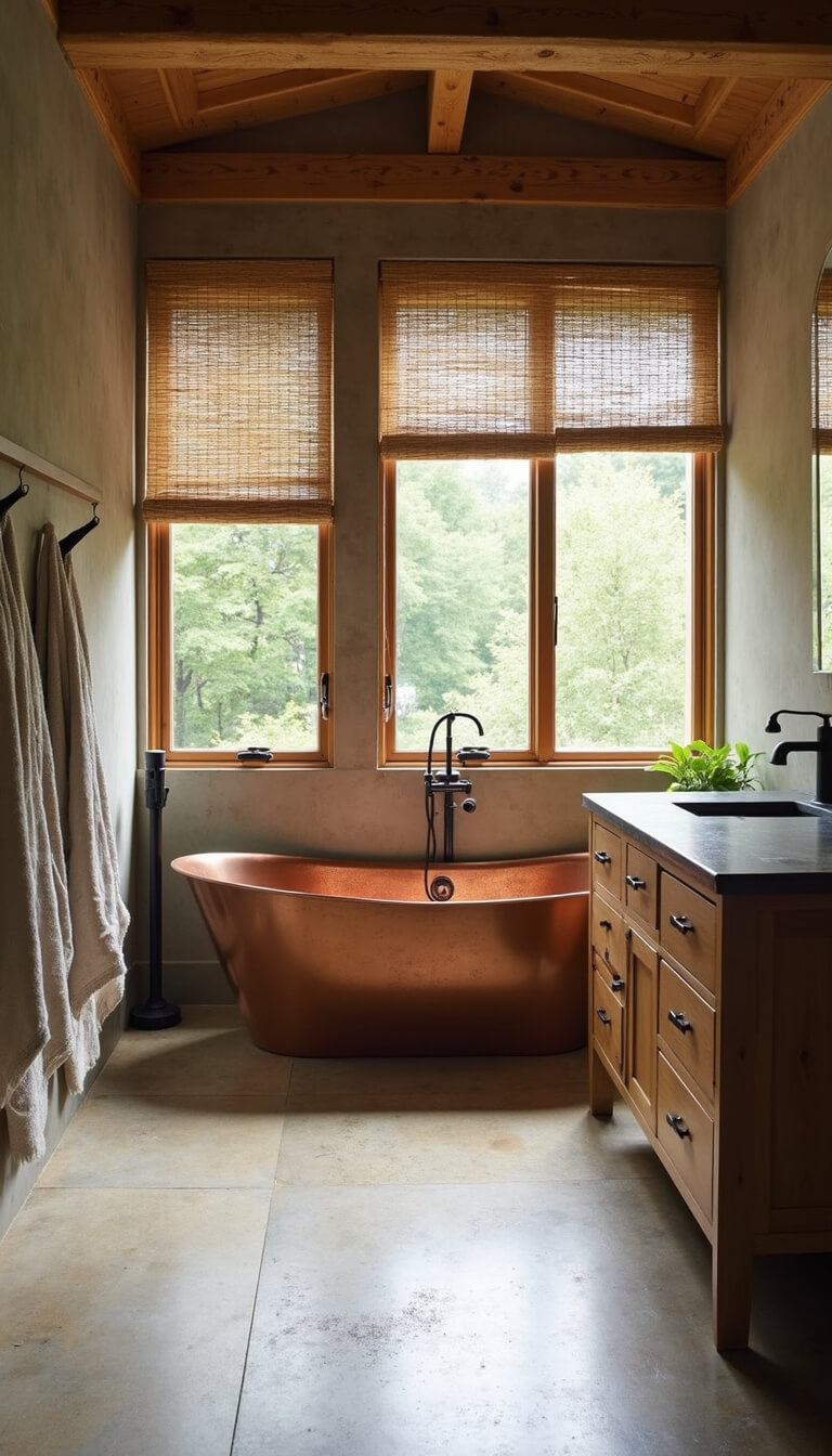 Wide-angle view of a sunlit 13x14ft bathroom with raw concrete floors, copper tub, reclaimed wood vanity, and bamboo-filtered floor-to-ceiling windows.