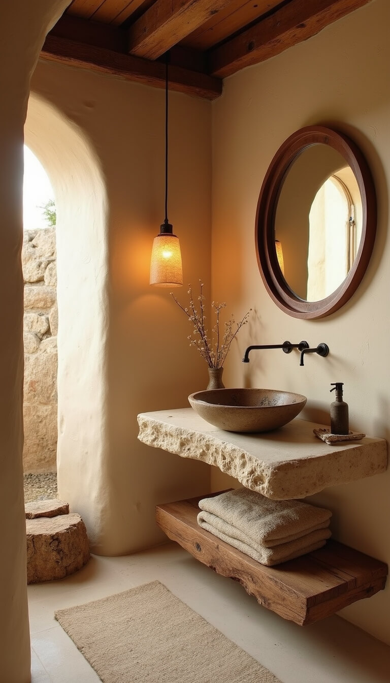 Low-angle view of a warm cream Venetian plaster bathroom at sunset with ancient wood beam vanity, stone vessel sink, patinated copper fixtures, and clay pendant light.