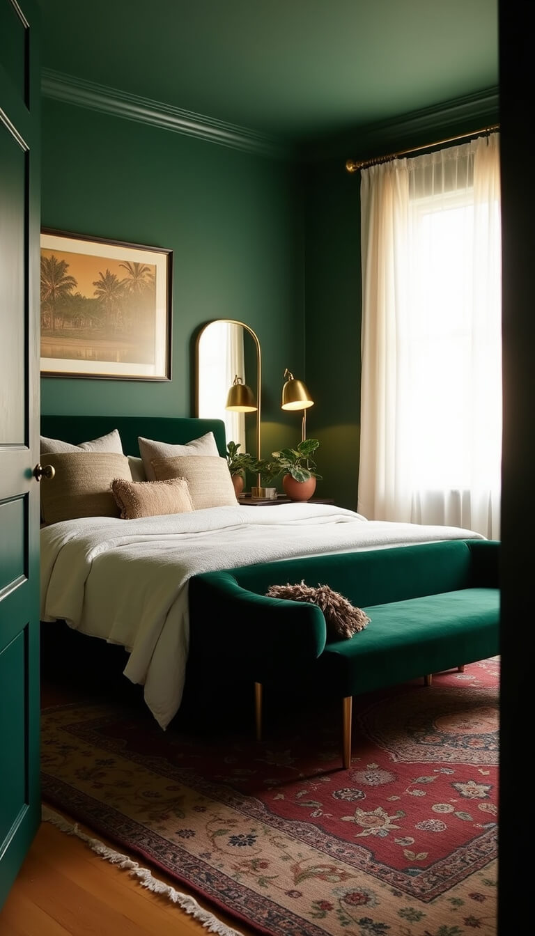 Moody dark green bedroom with emerald walls, velvet forest green bed, golden hour light through sheer curtains, vintage Persian rug, brass floor lamp, and potted monstera near brass-framed mirror.