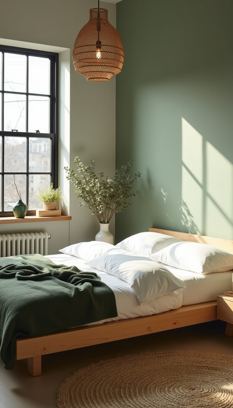 Minimalist Scandinavian bedroom with sage green accent wall, bleached oak platform bed, white linen bedding, moss green throw, rattan pendant light, jute rug, and dried eucalyptus in ceramic vase, morning light streaming through black-framed windows.