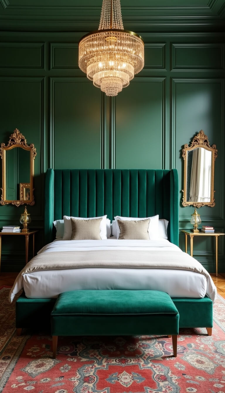Luxurious boutique hotel-style bedroom with emerald velvet king bed, hunter green paneled walls, crystal chandelier, herringbone wood floors, vintage rugs, brass sconces, and antiqued mirrors, viewed from high corner angle in sharp detail.