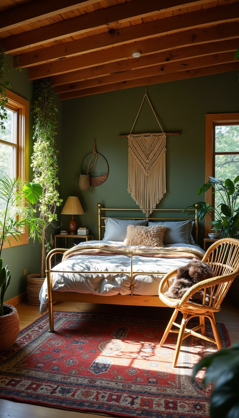 Bohemian forest retreat bedroom with olive green walls, vintage brass bed, macramé wall hanging, layered Turkish rugs, trailing plants, rattan chair with sheepskin, and dappled late afternoon light.