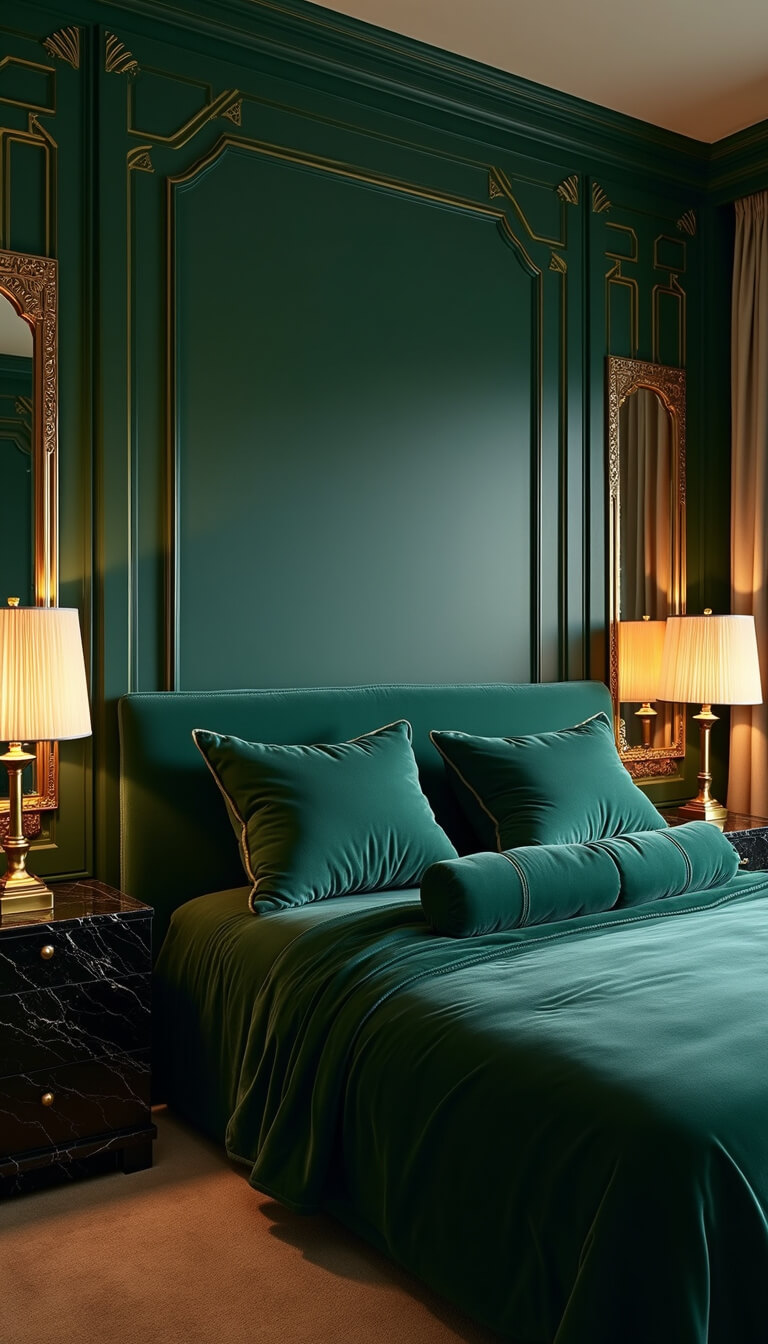 Art Deco bedroom with dark green walls, gold geometric trim, velvet bed, black marble side tables, brass lamps, and antique mirrors.