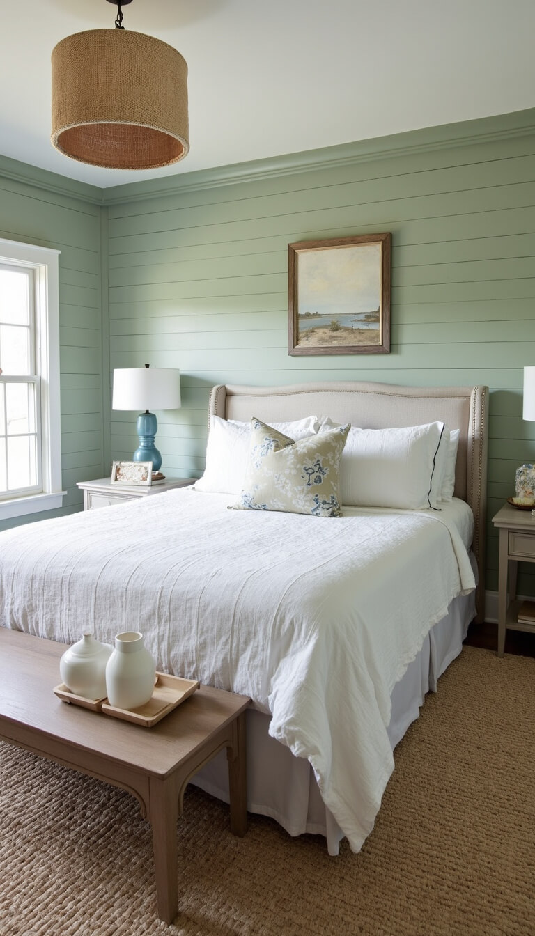 Contemporary coastal bedroom with sage green shiplap walls, white upholstered bed, seagrass rug, woven pendant light, and natural light from large windows.