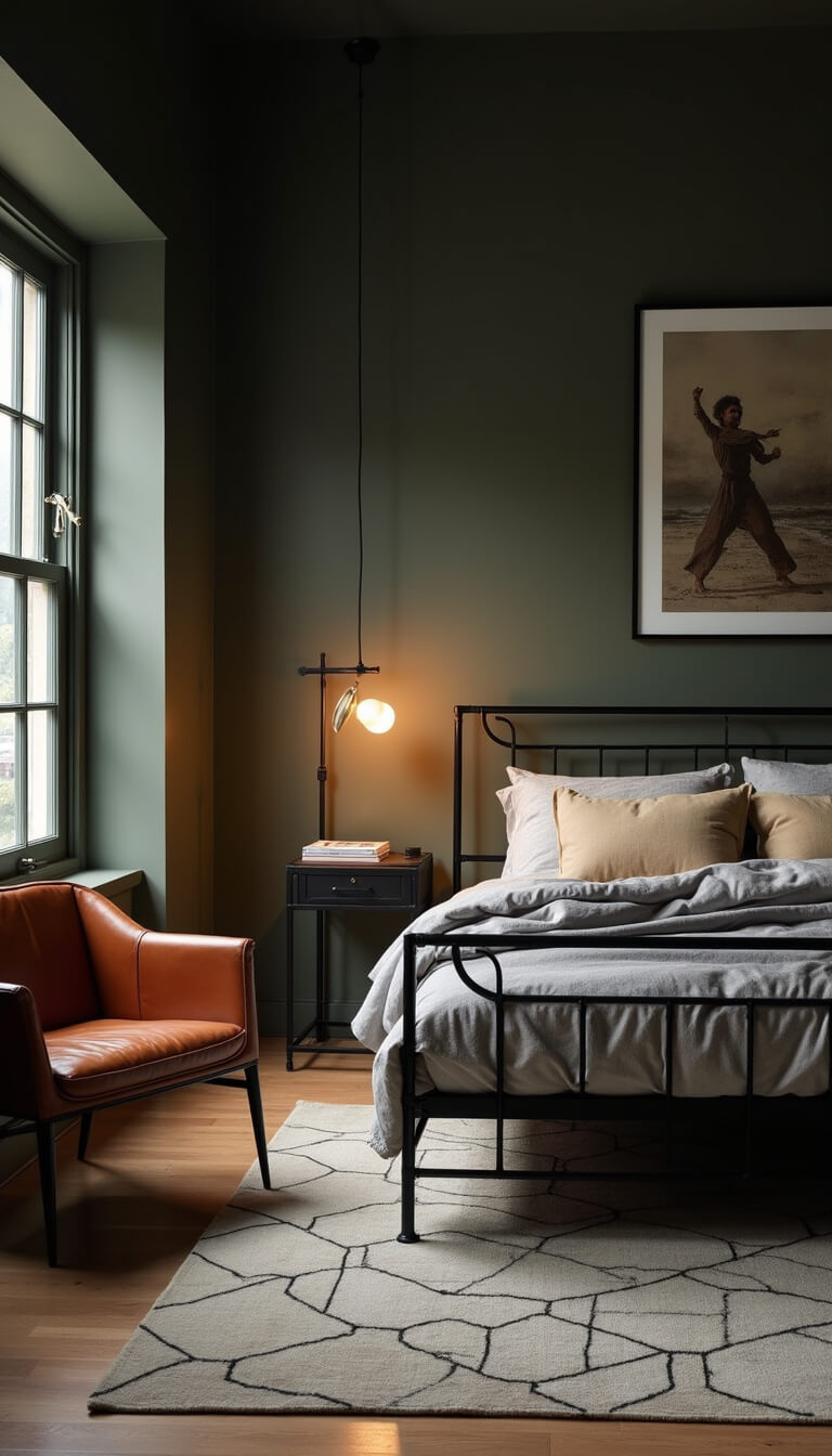 Modern masculine bedroom with dark olive walls, black steel bed, cognac leather chair, industrial lamp, geometric rug, and dramatic evening lighting from a low angle.