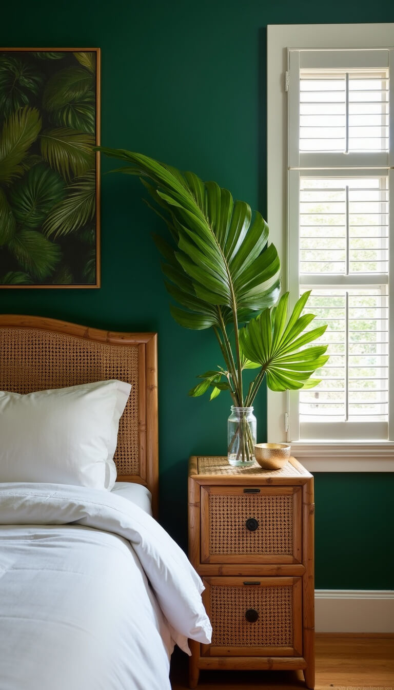 Tropical luxe bedroom with emerald walls, rattan bed, white linens, palm leaves, brass accents, and vintage bamboo furniture in soft natural light.