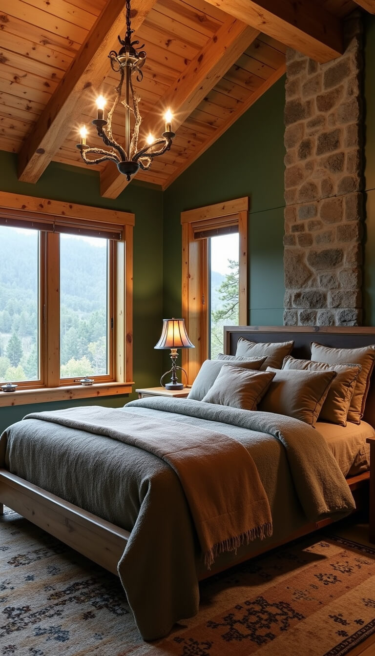 Rustic mountain retreat bedroom with wood-planked ceiling, moss green walls, timber bed, wool blankets, leather accents, antler chandelier, stone fireplace, and dawn light through large picture windows.