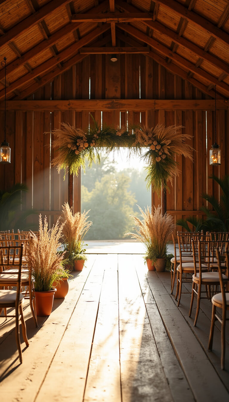 Golden hour barn interior with sunlight streaming through slats, showcasing a 15ft ceremony arch decorated with pampas grass, dried palm fronds, and macramé; mismatched earth-toned chairs in semi-circles, terracotta pots line aisle, glass terrariums catch sunlight overhead.