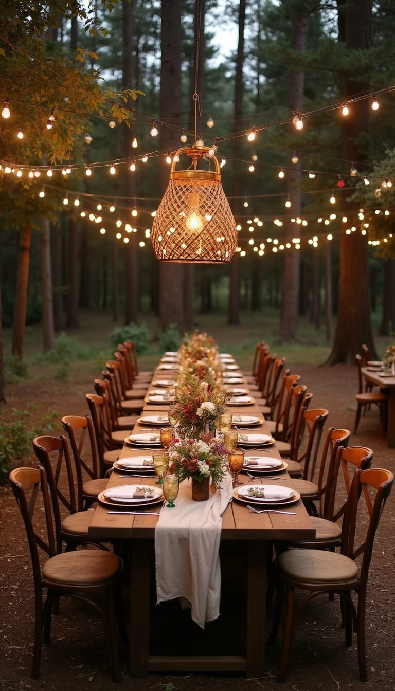 Overhead view of woodland reception setup at dusk with long farm tables in organic layout, vintage wooden chairs, rattan pendant lights, wildflower centerpieces in amber glass, and earth-toned linens.