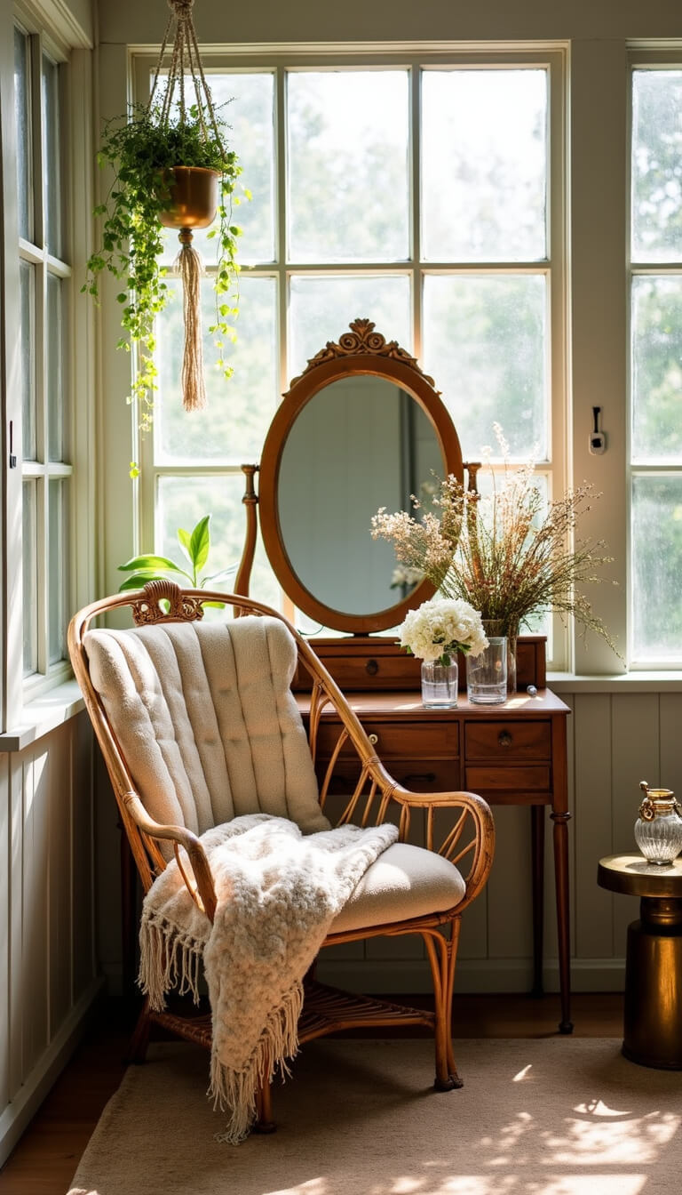 Cozy greenhouse getting-ready space with vintage vanity, rattan chair, brass tables, and morning light through glass panels.