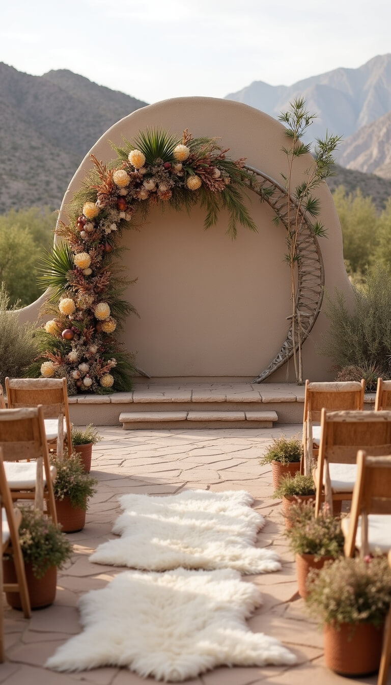 Outdoor desert-themed wedding ceremony with stone altar, asymmetrical floral backdrop, copper arch draped in fabric, basket chairs with sheepskin, terracotta aisle decor, and mountains in background.