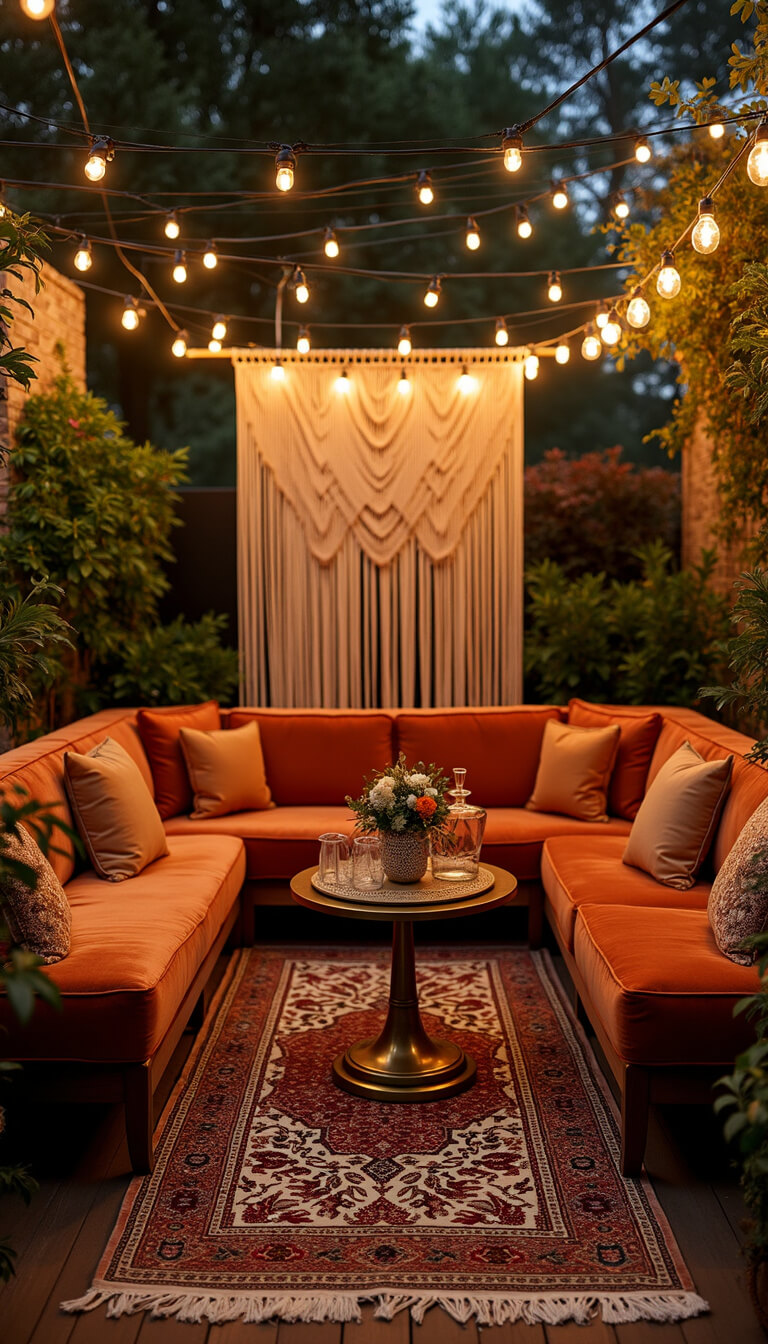 Twilight garden cocktail lounge with vintage burnt sienna velvet sofas, brass side tables, Moroccan lanterns casting shadows, layered tribal rugs, macramé floral backdrop, and rattan bar cart with crystal decanters.
