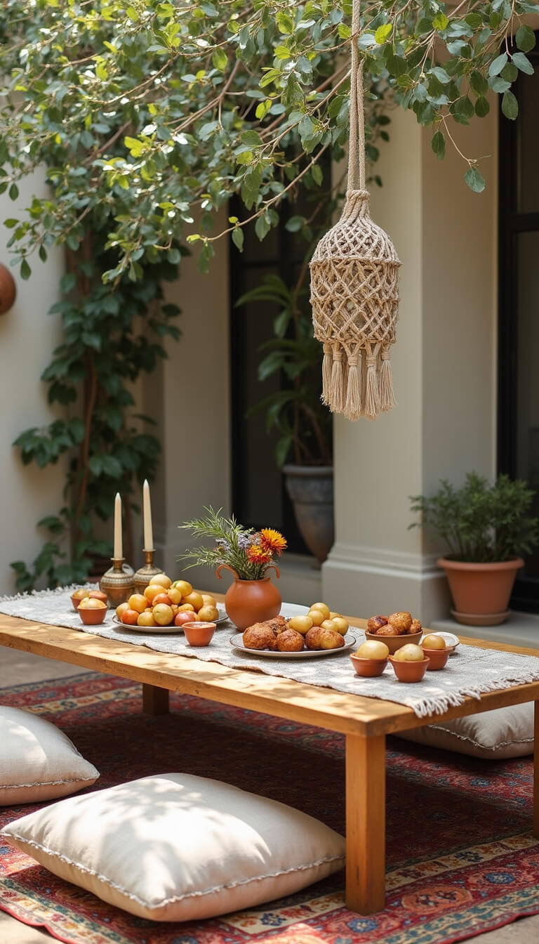Courtyard breakfast scene with low wooden tables on vintage rugs, floor cushions, ceramic dishes of fruit and pastries, macramé runners, and eucalyptus garlands in morning light.