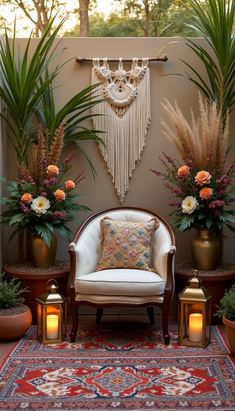 Golden hour garden nook with vintage peacock chair on Persian rugs, floral installation, brass lanterns, and macramé backdrop.