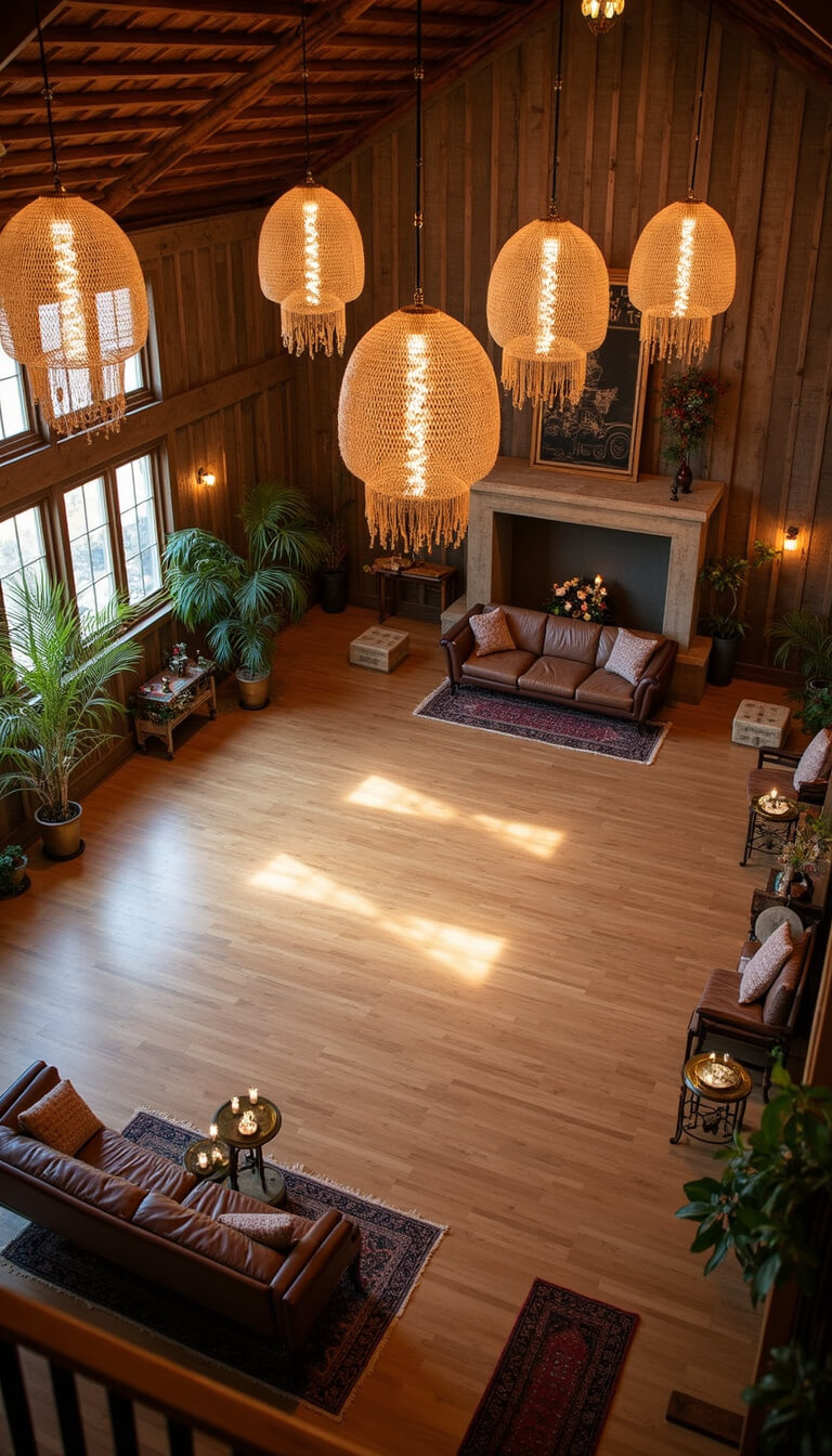 Evening barn dance floor with rattan chandeliers, vintage rugs, leather lounge seating, and decorative plants, viewed from above.