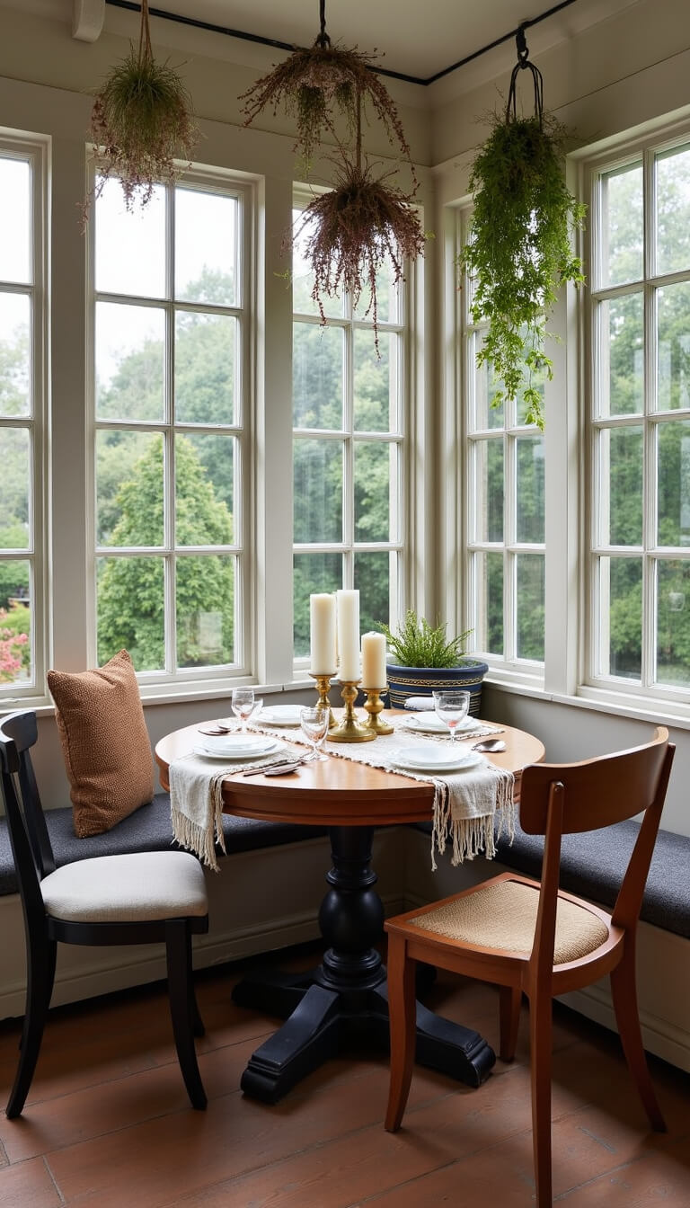 Cozy greenhouse dining nook with vintage round table, mixed chairs, macramé runner, brass candleholders, and hanging plants.