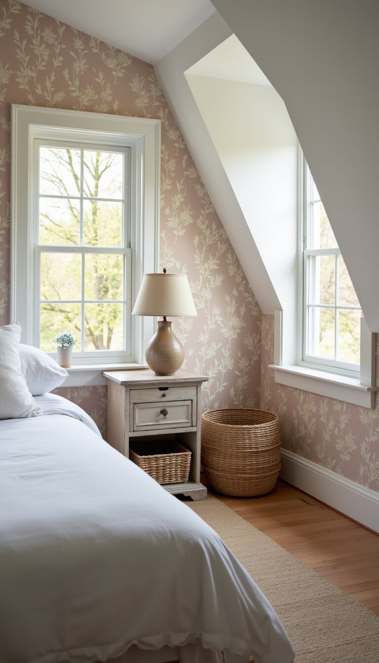Cozy attic bedroom with blush wallpaper, white trim, vintage lamp on weathered nightstand, and woven baskets under sloped ceiling in soft morning light.