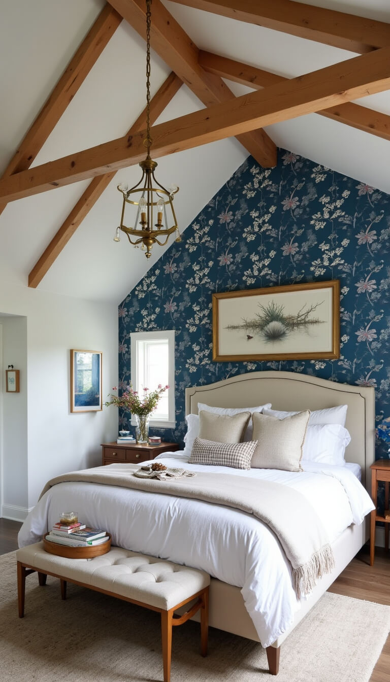 Modern cottage bedroom with blue botanical accent wall, natural wood beams, mid-century brass chandelier, and layered white and cream bedding with gingham accents, lit by natural and warm artificial light.