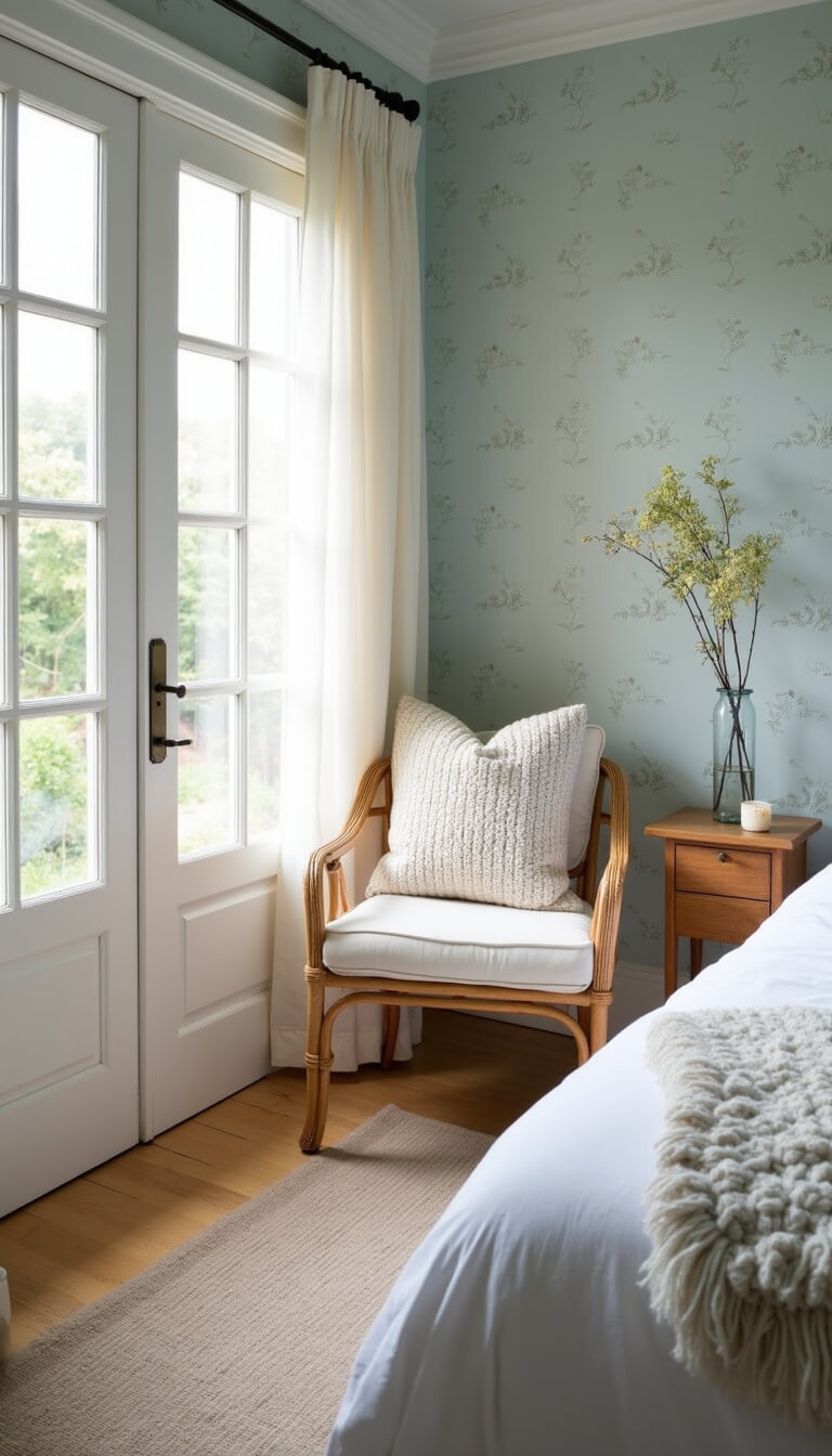 High-angle view of a serene 12x15ft main bedroom at dawn with pale blue wildflower wallpaper, French doors with sheer linen curtains, and a rattan chair draped in a chunky knit throw.