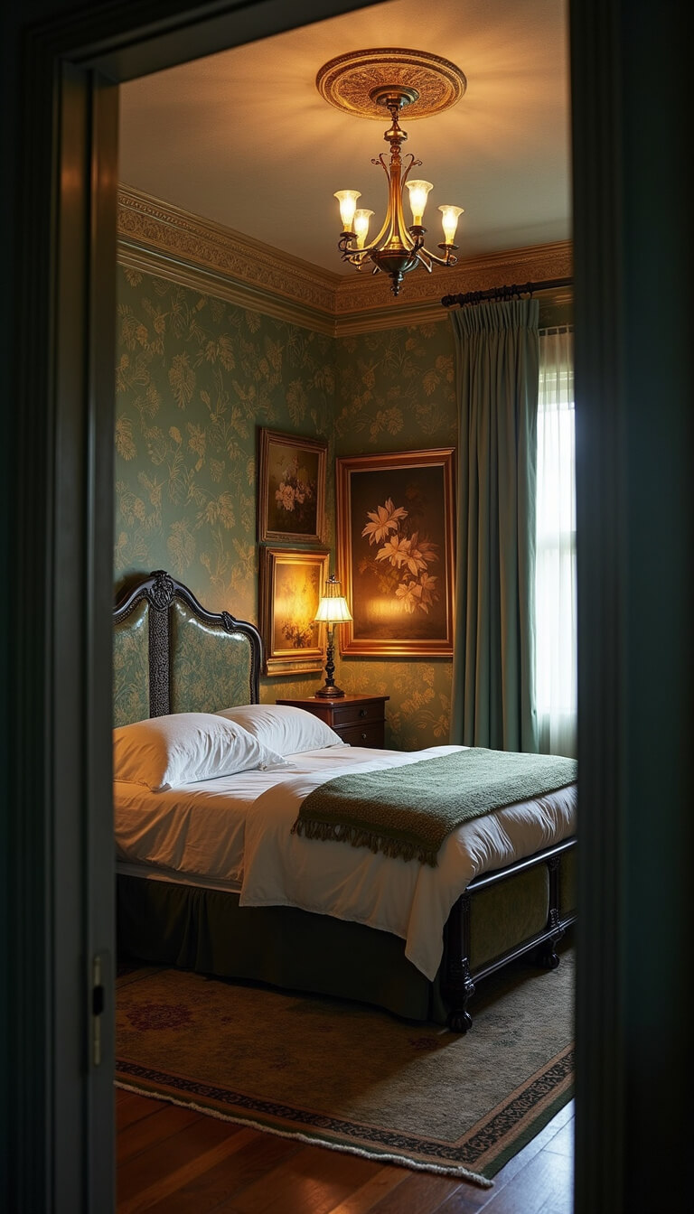 Moody 11x13ft bedroom at dusk with deep sage botanical wallpaper, gold accents, brass ceiling light, and vintage oil paintings in ornate frames.