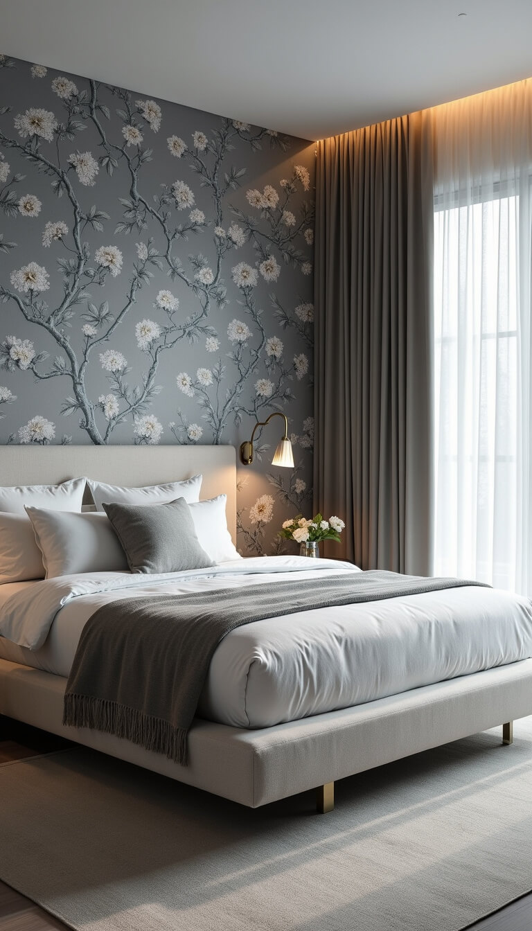 Modern 15x16ft cottage-style primary suite with gray-blue floral wallpaper, platform bed with linen headboard, minimalist brass lighting, high ceiling, and dramatic side lighting.