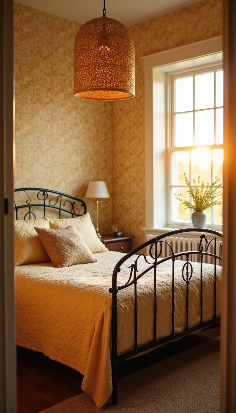 Cozy guest bedroom with butter yellow floral wallpaper, iron daybed with vintage quilts, and sunset light casting warm shadows through a woven pendant lamp.