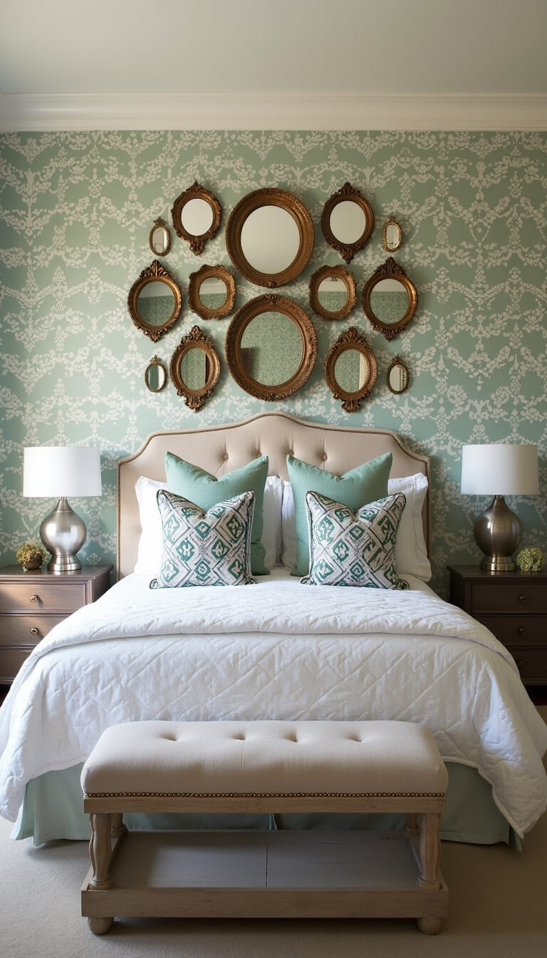 Elegant 12x14ft bedroom with sage and ivory trellis wallpaper, upholstered queen bed with patterned pillows, and antique mirrors on feature wall.