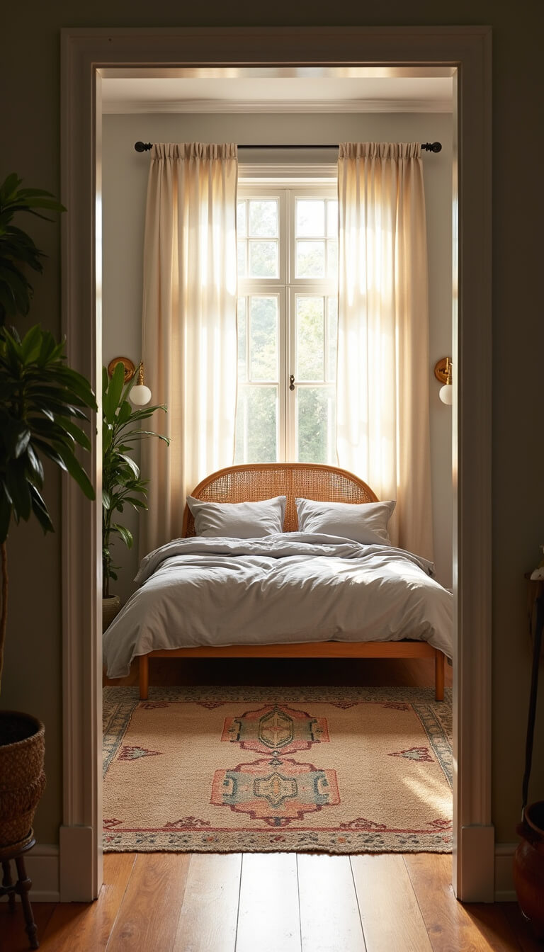 Wide-angle view of serene 14x16ft bedroom with rattan headboard, unmade dove grey linen bedding, layered rugs, and golden morning light through sheer curtains.