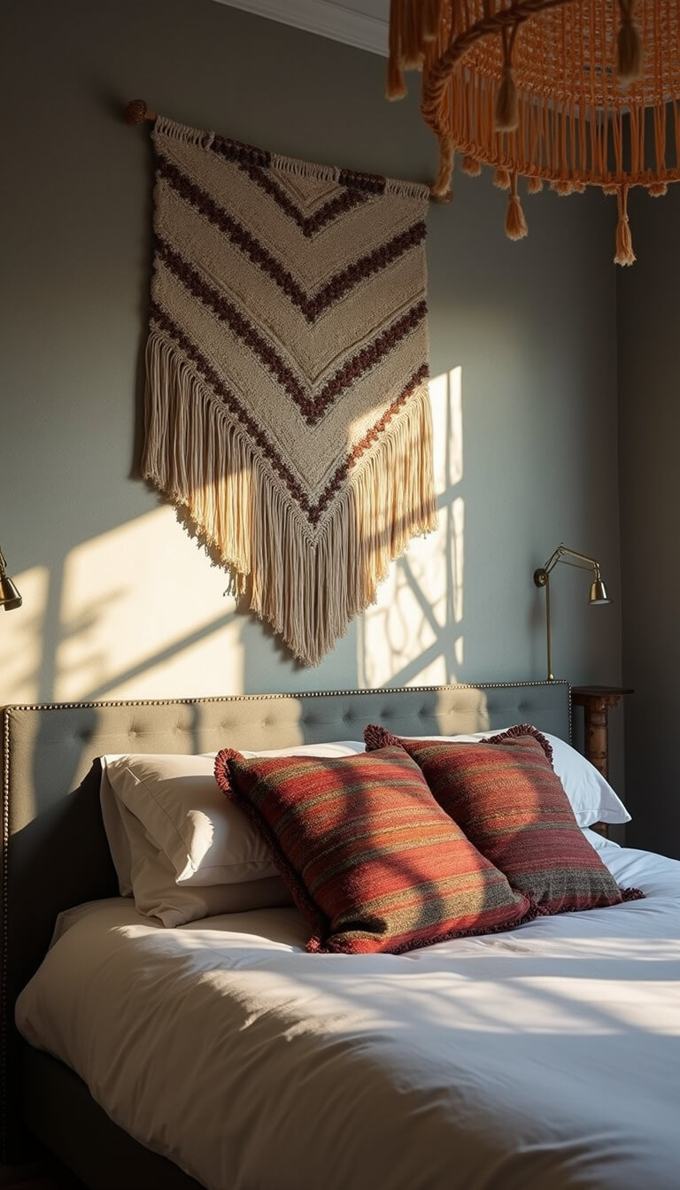 Boho bedroom with grey grasscloth walls, macramé pendant, velvet platform bed, and vintage Kilim pillows at golden hour.