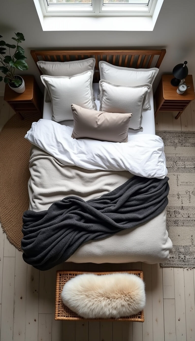 Bird's eye view of queen bed layered with grey textiles, vintage rugs, and charcoal knit throw, atop white oak herringbone floors, with rattan bench and sheepskin, lit by skylight.