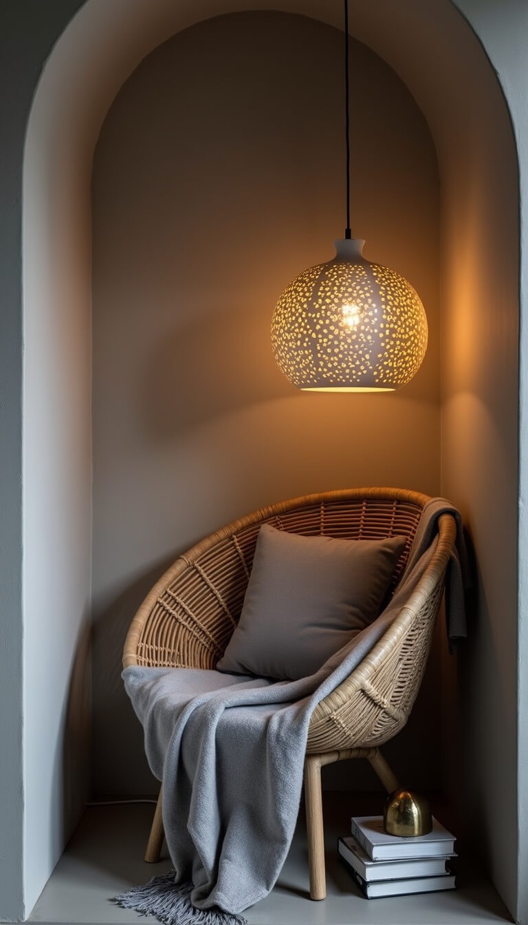 Cozy bedroom reading nook at dusk with rattan chair, wool throw, and pendant light against textured wallpaper.