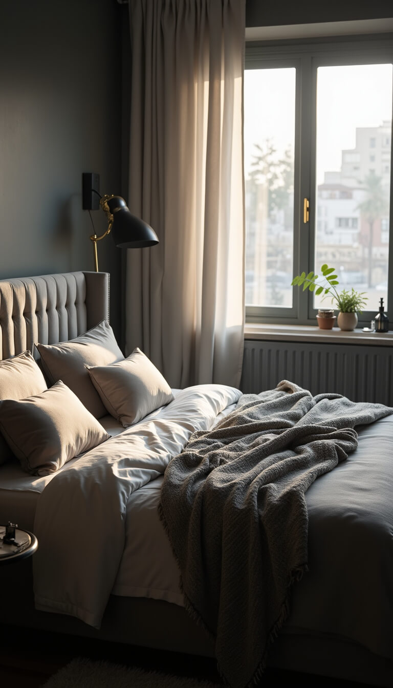 Moody pre-dawn bedroom with grey layered bedding, tufted headboard, Moroccan blanket, and soft filtered light through linen curtains.
