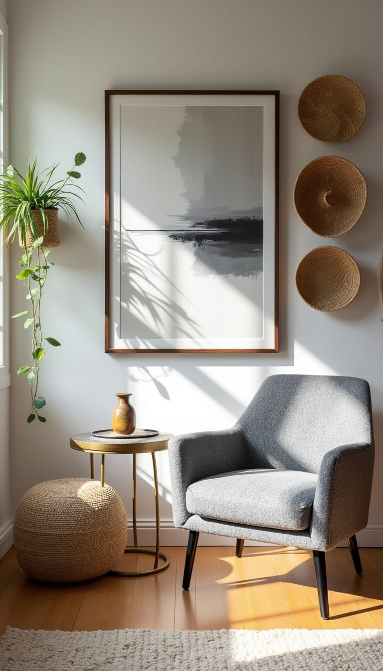 Mid-century modern boho living space with grey bouclé chair, brass side table, abstract wall art, handwoven baskets, jute pouf, and natural light highlighting textures.