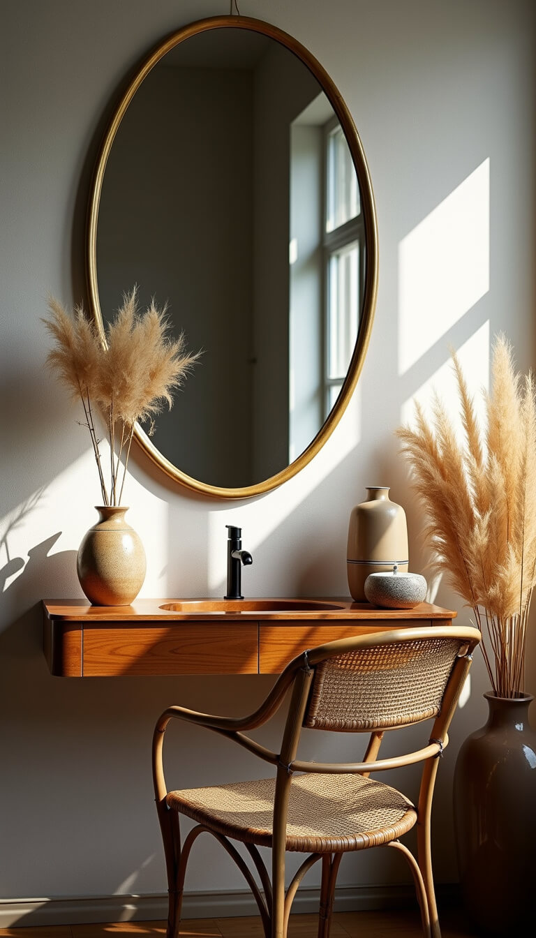 Elegant bohemian vanity with vintage brass mirror, rattan chair, and ceramic vessels styled against grey grasscloth walls in morning light.