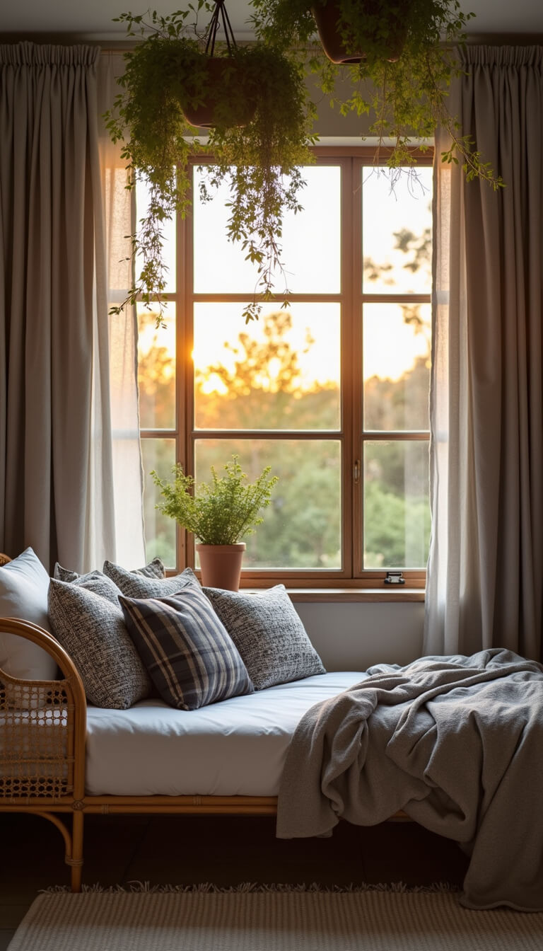Sunset-lit bedroom with floor-to-ceiling grey linen drapes framing garden view, rattan daybed with patterned mud cloth pillows, and hanging plants near ceiling for organic touch.