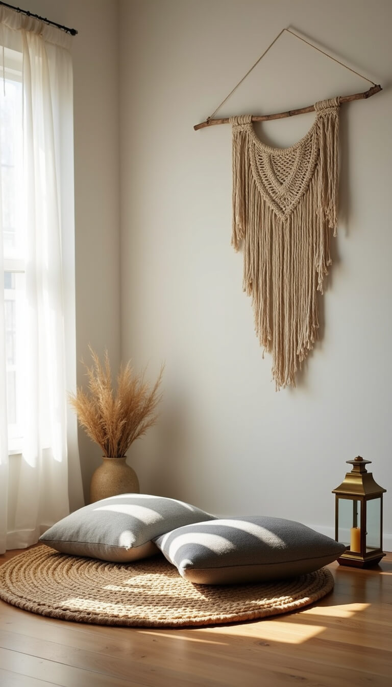 Zen-inspired morning meditation corner with jute rug, grey floor cushions, macramé wall hanging, and brass lantern in soft diffused light.