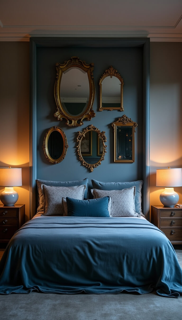 Dramatic bedroom with custom 8ft grey velvet headboard, asymmetrical brass-framed vintage mirrors, and sculptural ceramic lamps at blue hour.