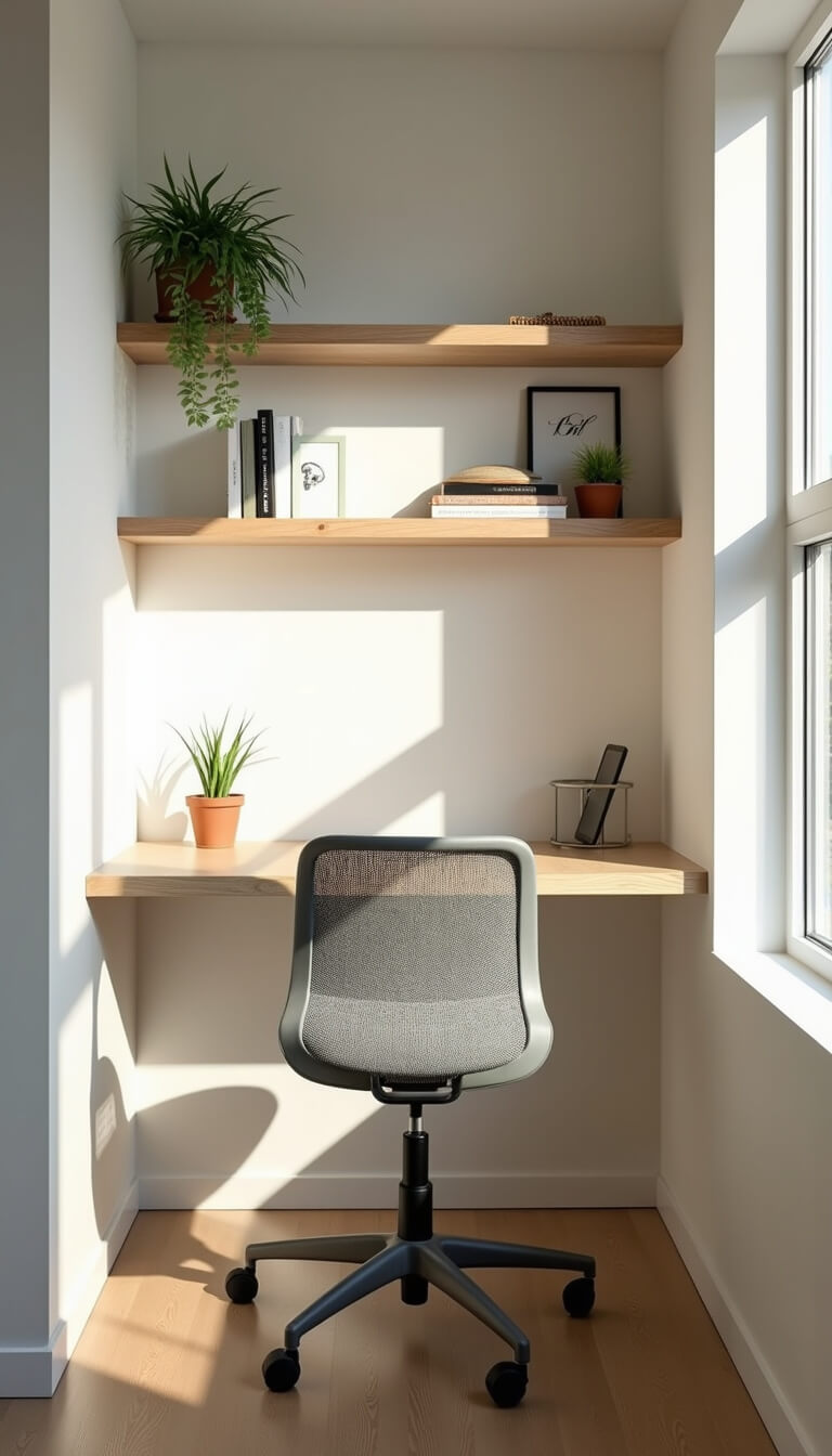 Compact home office in 42-inch alcove with white oak floating desk, light grey ergonomic chair, and floating shelves displaying minimalist decor and a snake plant, lit by natural window light.