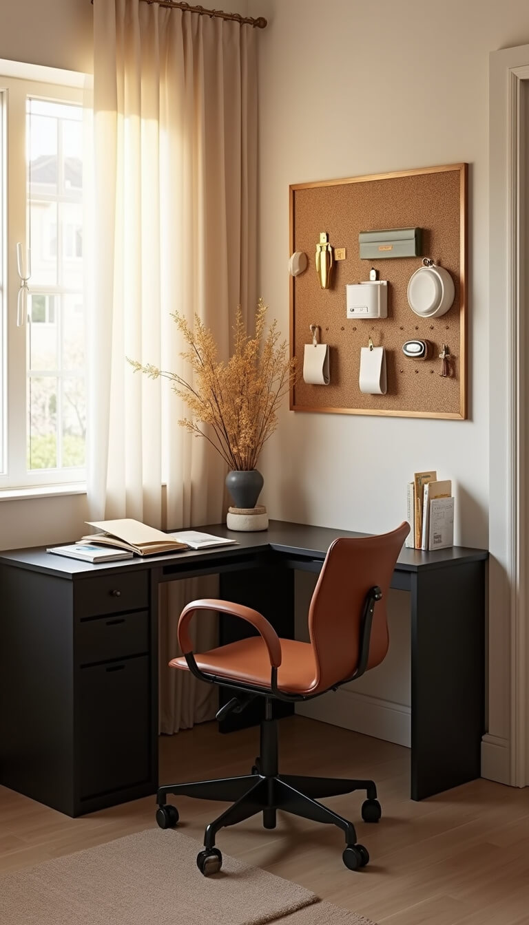Compact corner office with matte black L-shaped desk, cognac ergonomic chair, and gold pegboard lit by golden hour sunlight through sheer curtains.