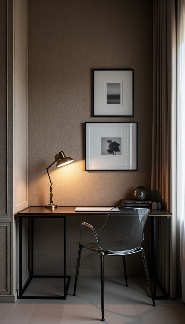 Minimal home office nook at dusk with glass console desk, brass wall sconce, ghost chair, and textured grasscloth wallpaper.