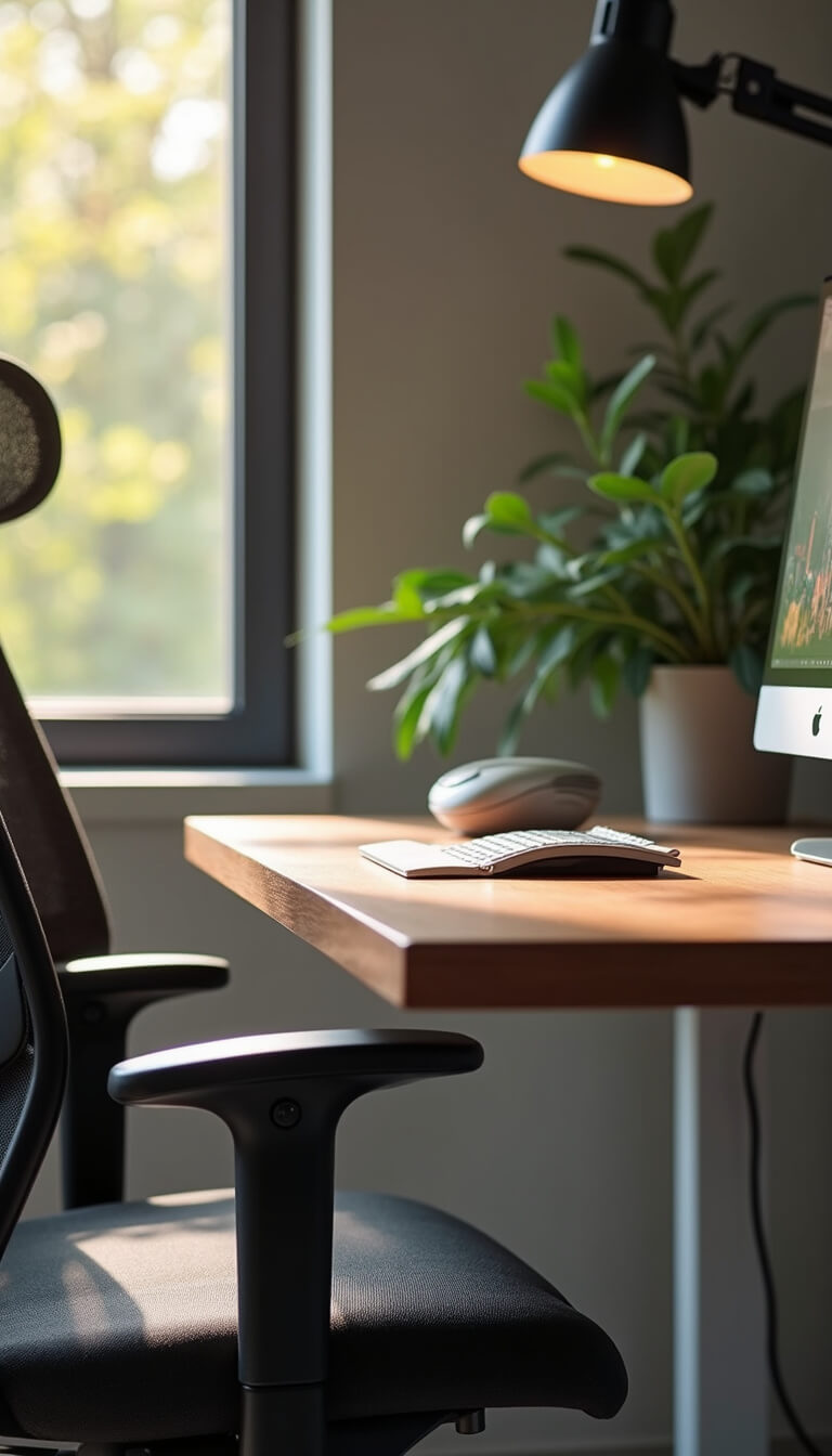 Ergonomic workspace with charcoal mesh chair, wall-mounted desk, leather pad, metallic wireless accessories, and visible cable management in dramatic afternoon light.