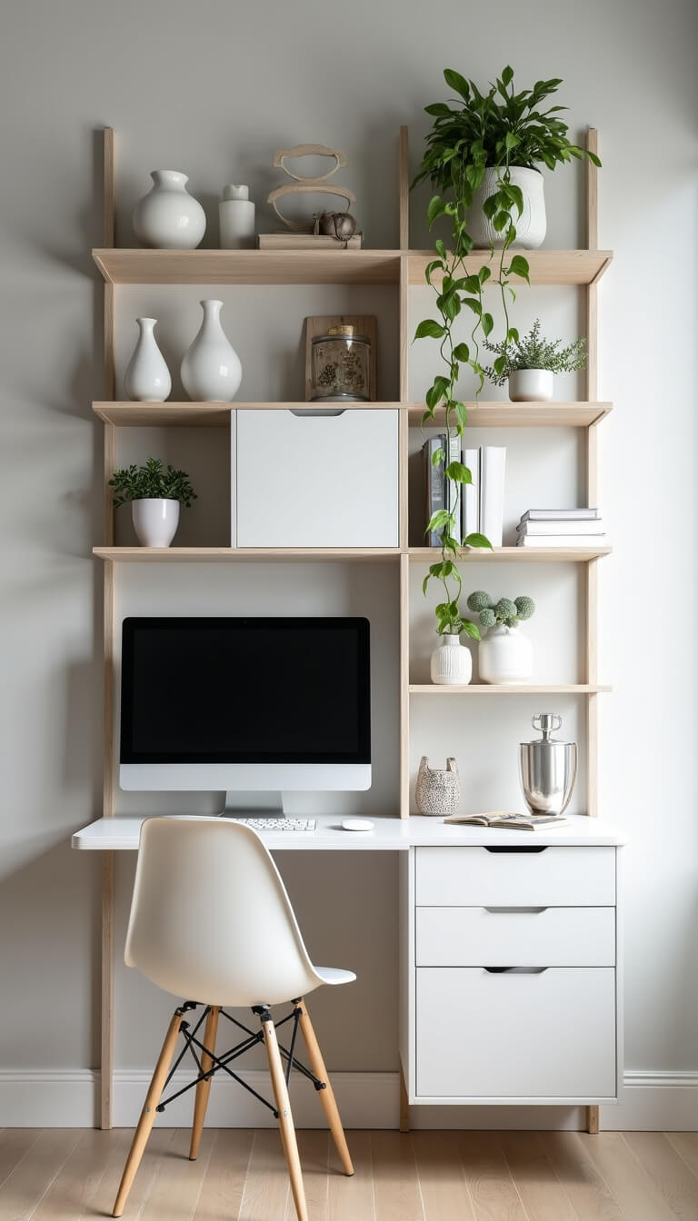 Bright modern workspace with white floating desk, 27-inch monitor on arm, and Scandinavian-style vertical storage featuring open and closed shelves with decorative accents and plants.