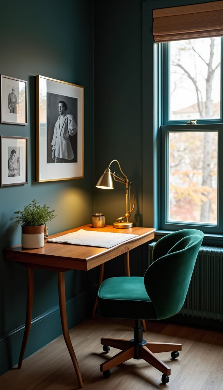 Cozy home office corner with walnut fold-down desk, brass accessories, vintage task lamp, green velvet chair, and gallery wall of black-and-white photos.