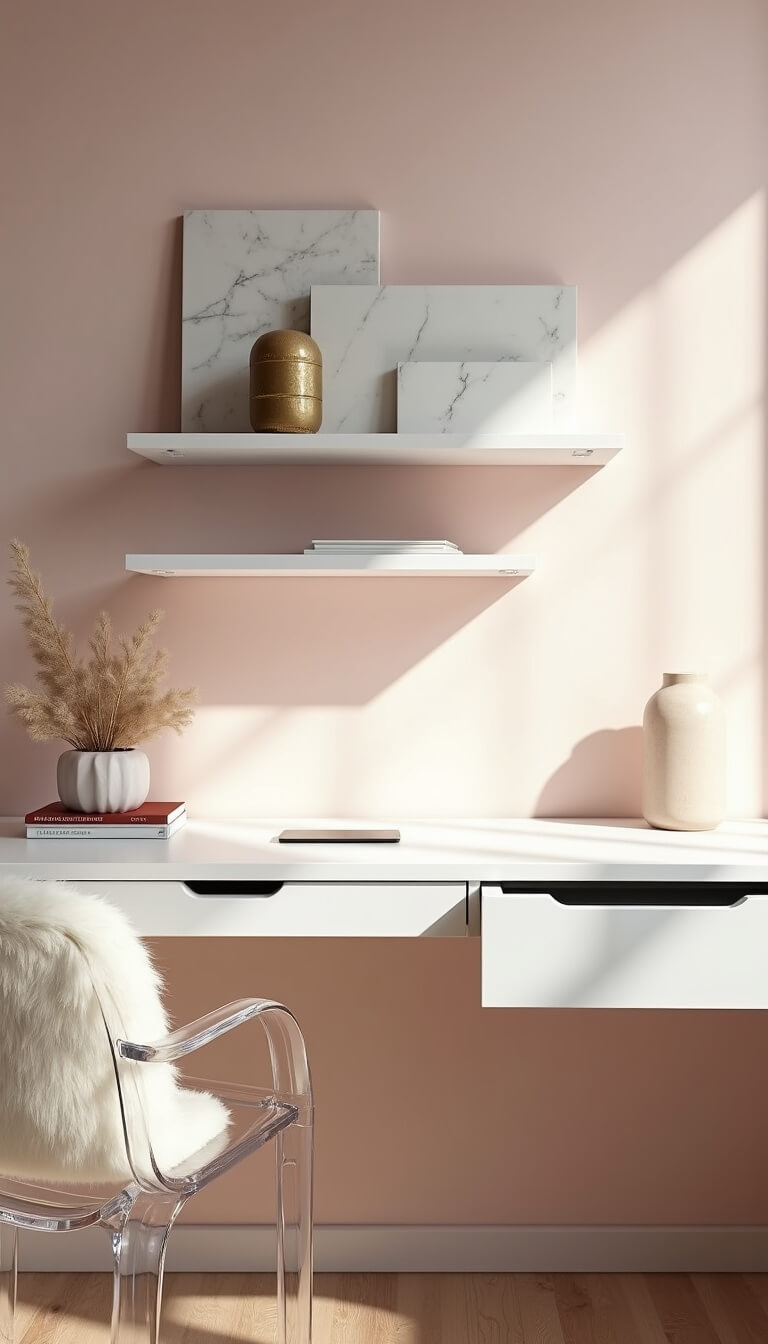 Modern minimal workspace with white floating desk, Lucite chair with sheepskin, pale pink wall, and curated shelves displaying marble, brass, and ceramic objects.