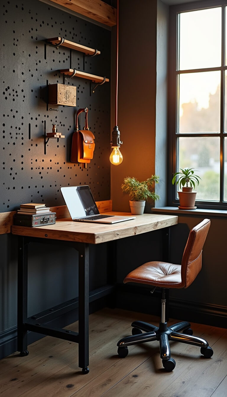 Industrial-style home office nook with metal and wood desk, black pegboard storage, leather drafting chair, and vintage lamp at sunset.